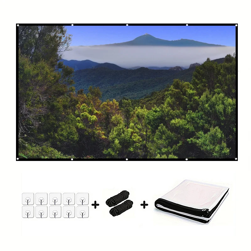 100-дюймовый мягкий экран высокой плотности с веревкой. Можно сложить. Портативный. Можно очищать. Можно гладить.