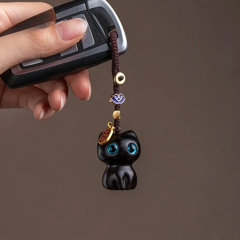 Sandalwood Cat Pendant Key Chain Hand-woven Rope Hanging Ornaments Wooden Cat Key Ring Bag Pendant Car Hanging Accessories