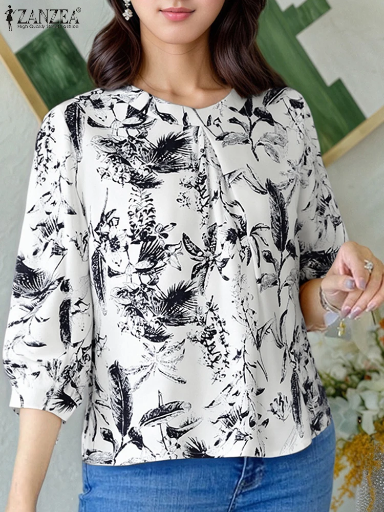 

ZANZEA Vintage Blouse Women 3/4 Sleeve Printed Floral Tops Casual OL Work Tunics 2025 Oversized Summer O Neck Blusas S-3XL