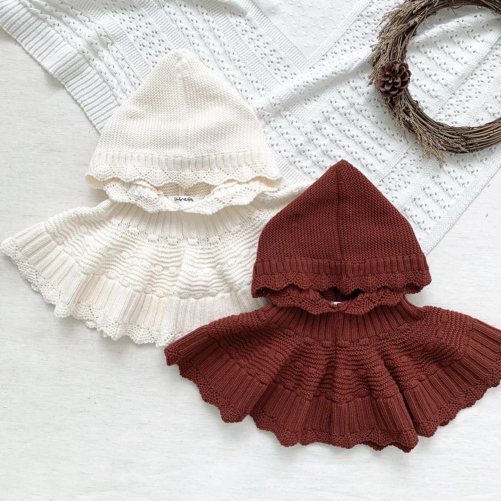 New Autumn Winter Baby Girls Knitted Pullovers Cloaks Hooded Solid Color Korean Style Toddlers Kids Sweaters Shawl  125