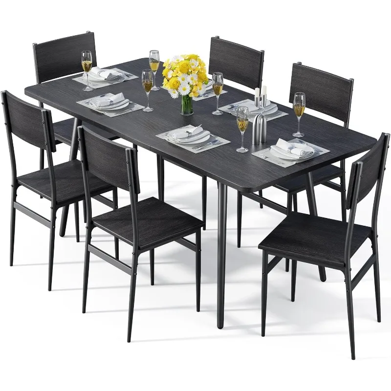 

7-Piece Dining Table for 4-6, 63” Large Extendable Kitchen Table Set with 6 Chairs, Dining Table Set for Kitchen