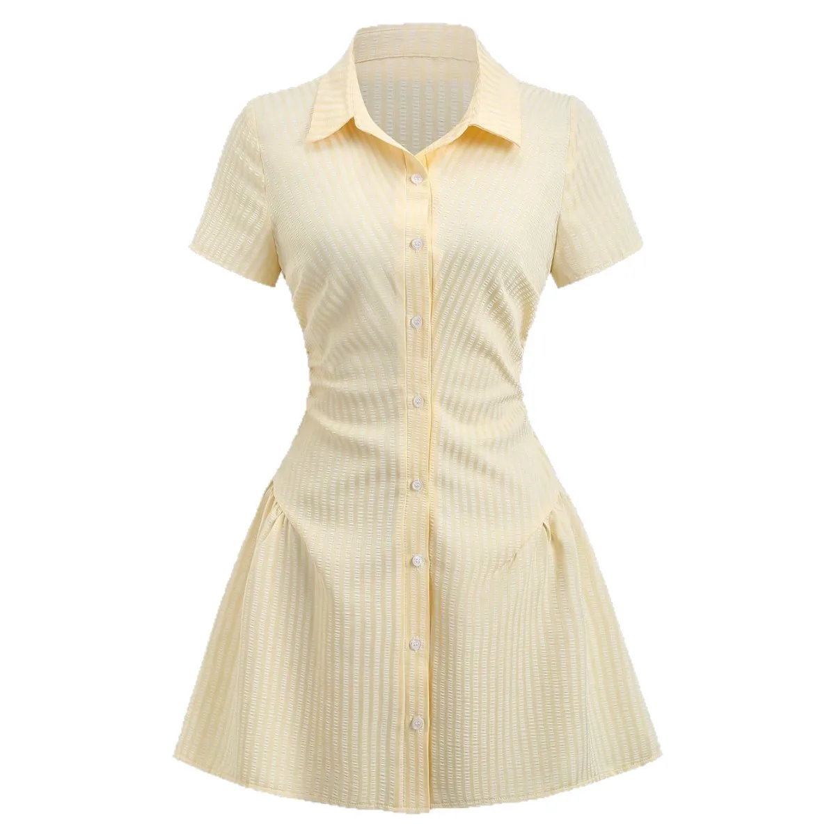 Women's Summer Mini Dress V Neck Bubble Sleeve Pleated A Line Shirt Dress Casual Short Dresses for Women