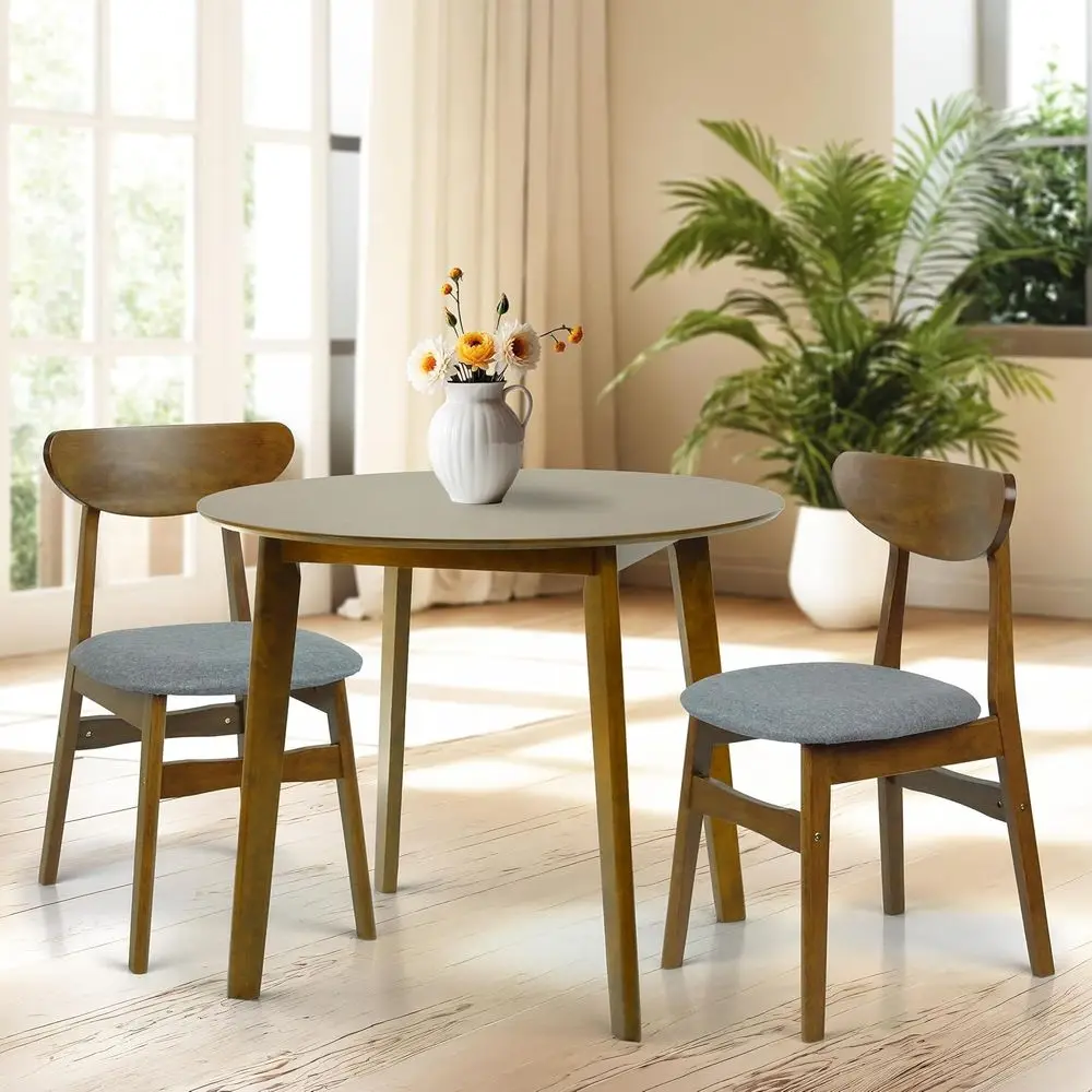 

Set o 3 Dining Kitchen Round Table and 2 Yumiko Side Chairs Solid Wood w/Padded Seat Medium Brown