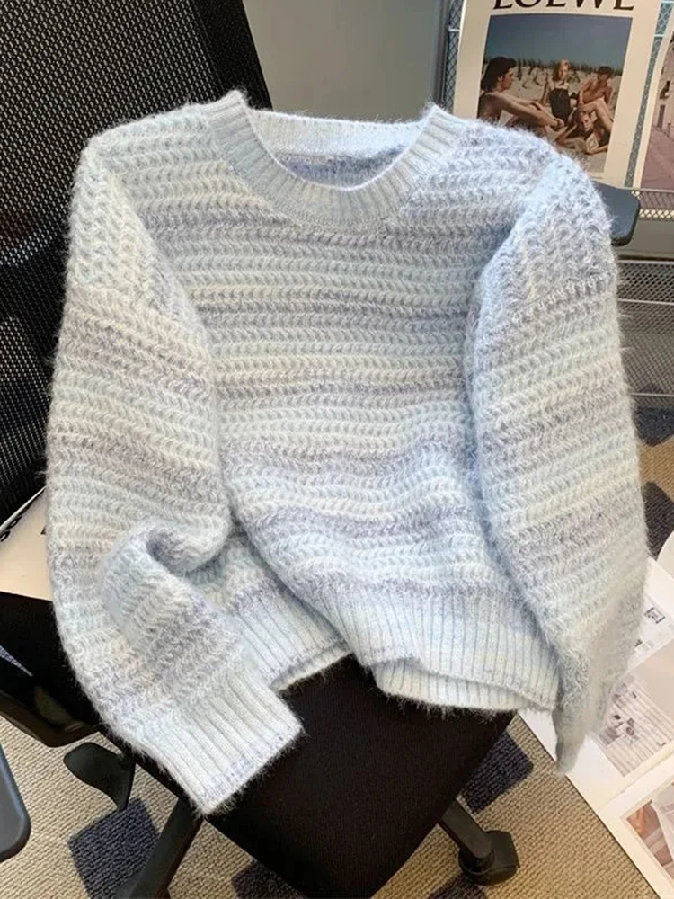 

Japan Fashion Sweet Women Rainbow Sweater Loose Cute O Neck Long Sleeve Knitted Jumpers Fall Winter Lazy Wind Pullover Jumper