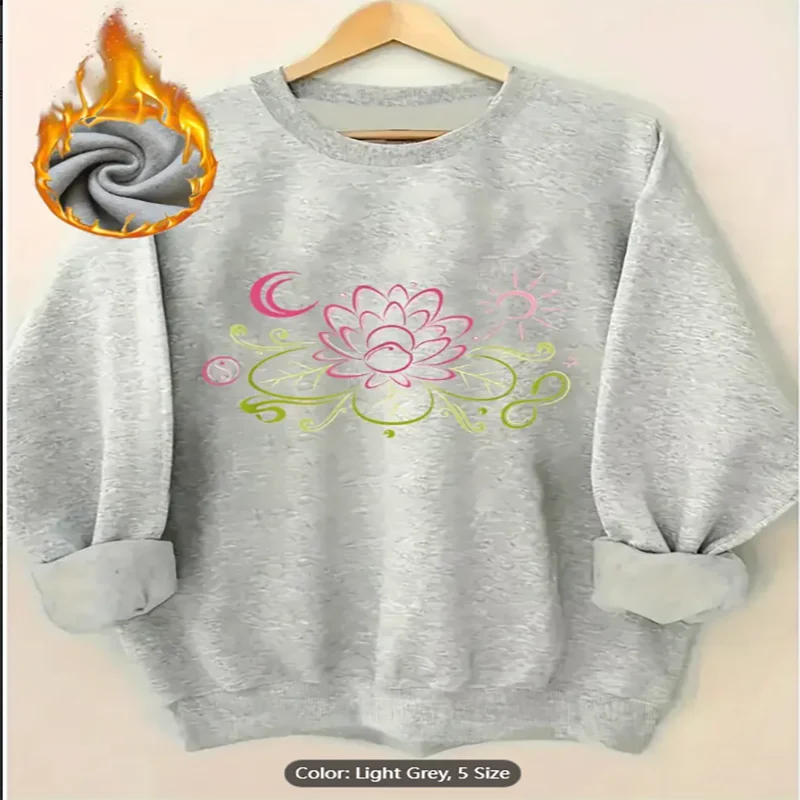 

Womens Sweatshirt Lotus Moon Sun Graphic Print Fleece Lined Casual Oversized Pullover Top for Spiritual Style Lovers Pure Cotton