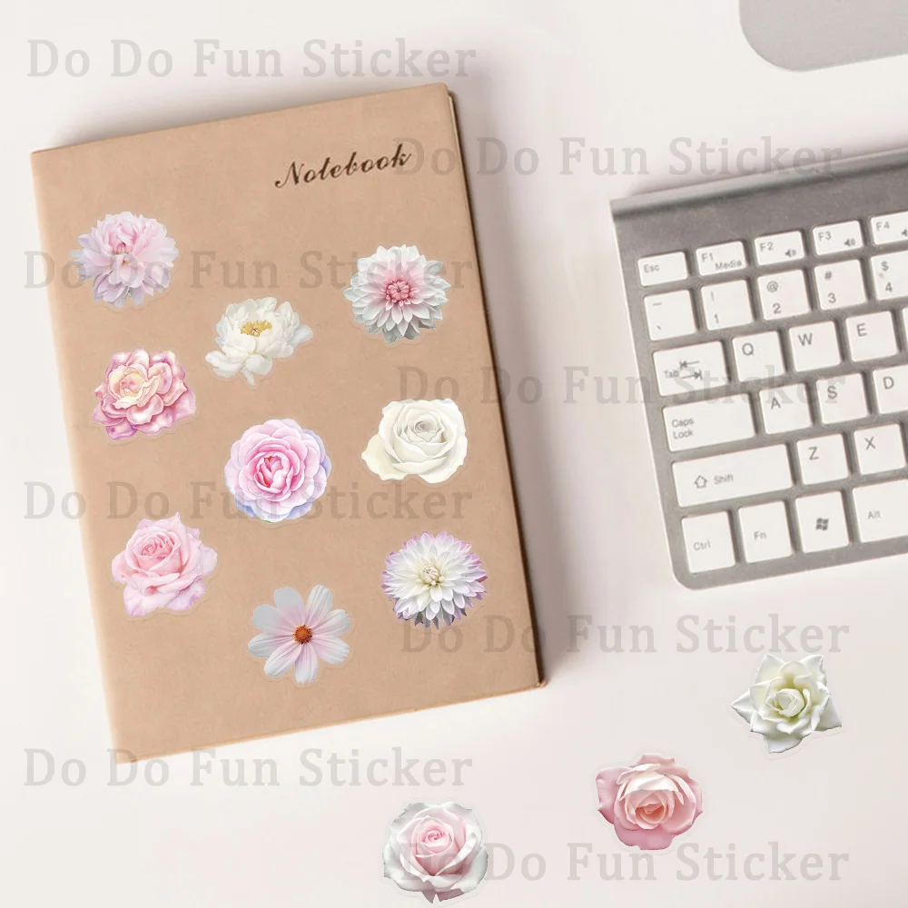 50 Stück bunte schöne rosa Blumen-Kunst-PET-Aufkleber, wasserdicht, ölbeständig, transparent, hochwertige personalisierte DIY-Buch-Telefonhülle