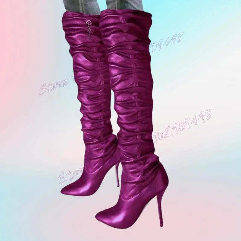 Purple Patent Leather Knee High Boots Pointed Toe Shoes for Women Stilettos High Heels Sexy Lady Shoes 2024 Zapatos Para Mujere