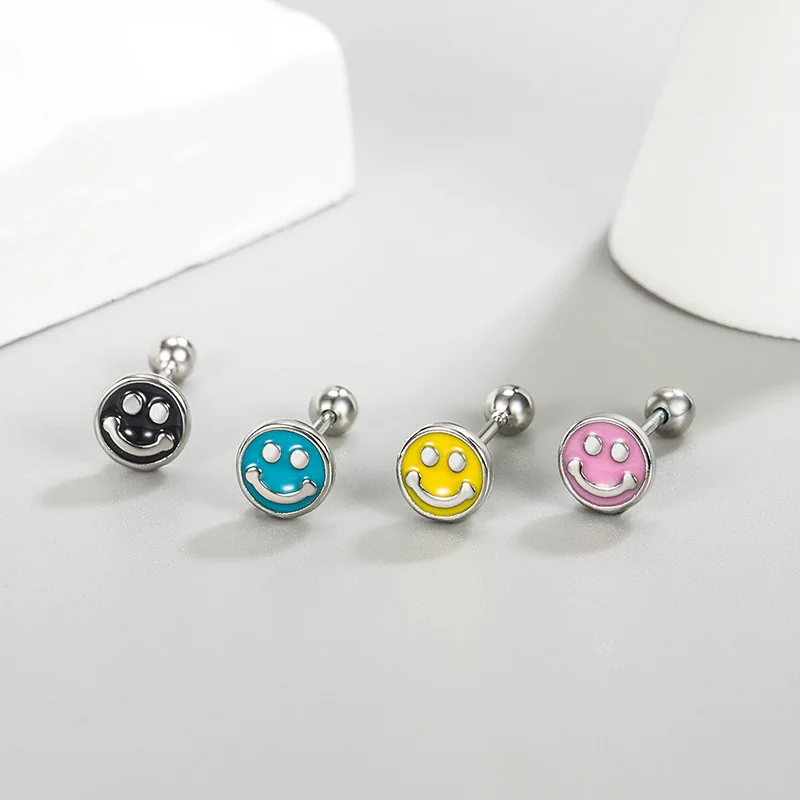 Sterling Silver Color Multi-Color Smiling Face Ear-Sticks Women's Earrings Fashion Jewelry