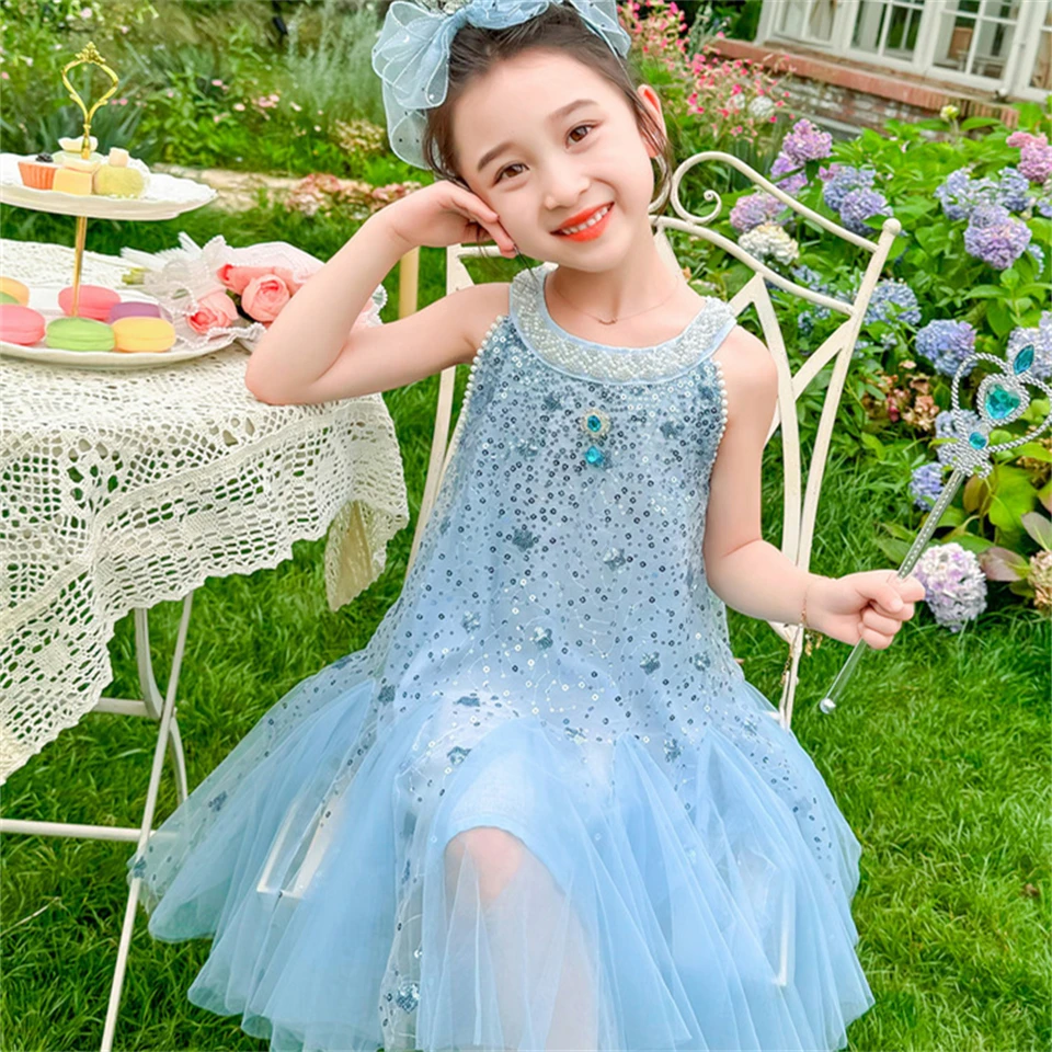 

2024 summer hot selling Childrens summer dresses camisole dress summer Children's sequined princess dresses fluffy gauze dresses