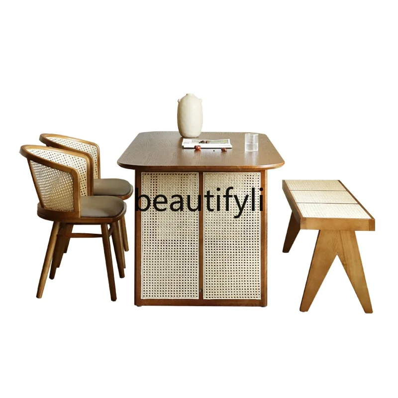 

Solid wood dining table household small apartment rattan dining table and chair combination modern simple restaurant B & B