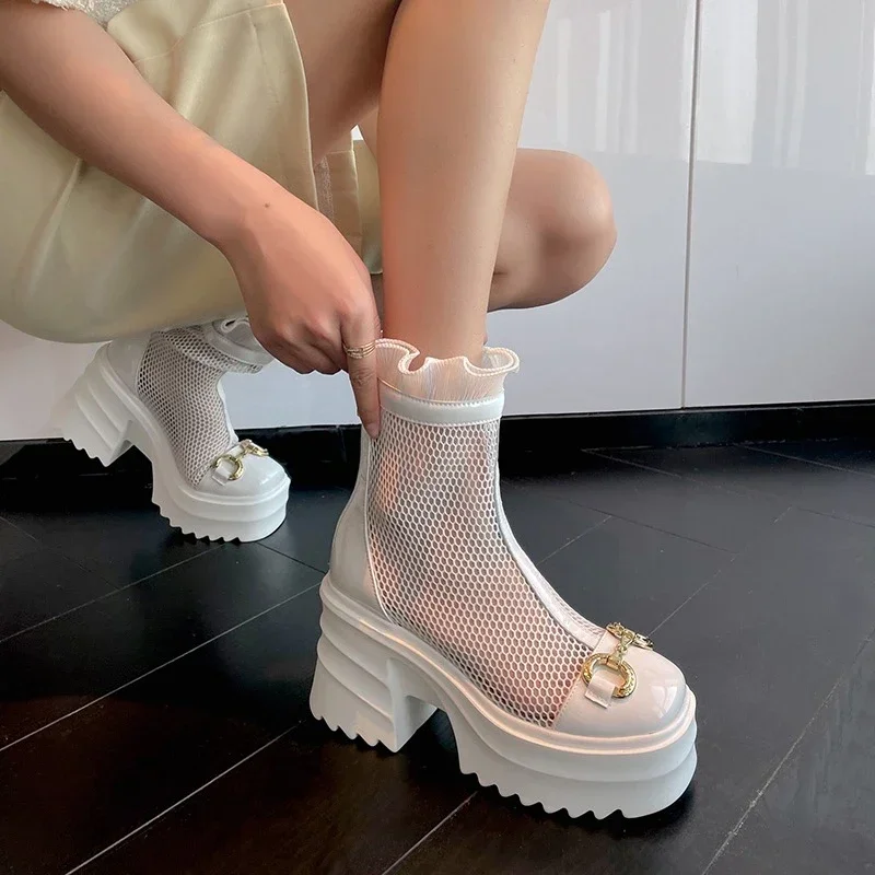 Lace Kawaii Summer Breathable Platform Boots Lace-up Thick Sole Women Back Zipper Height Increasing Boots Women's Breathe Boots