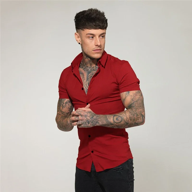 Camisas de manga corta con botones para hombre, ropa deportiva informal, camisa Hipster, Tops de Fitness, moda de verano