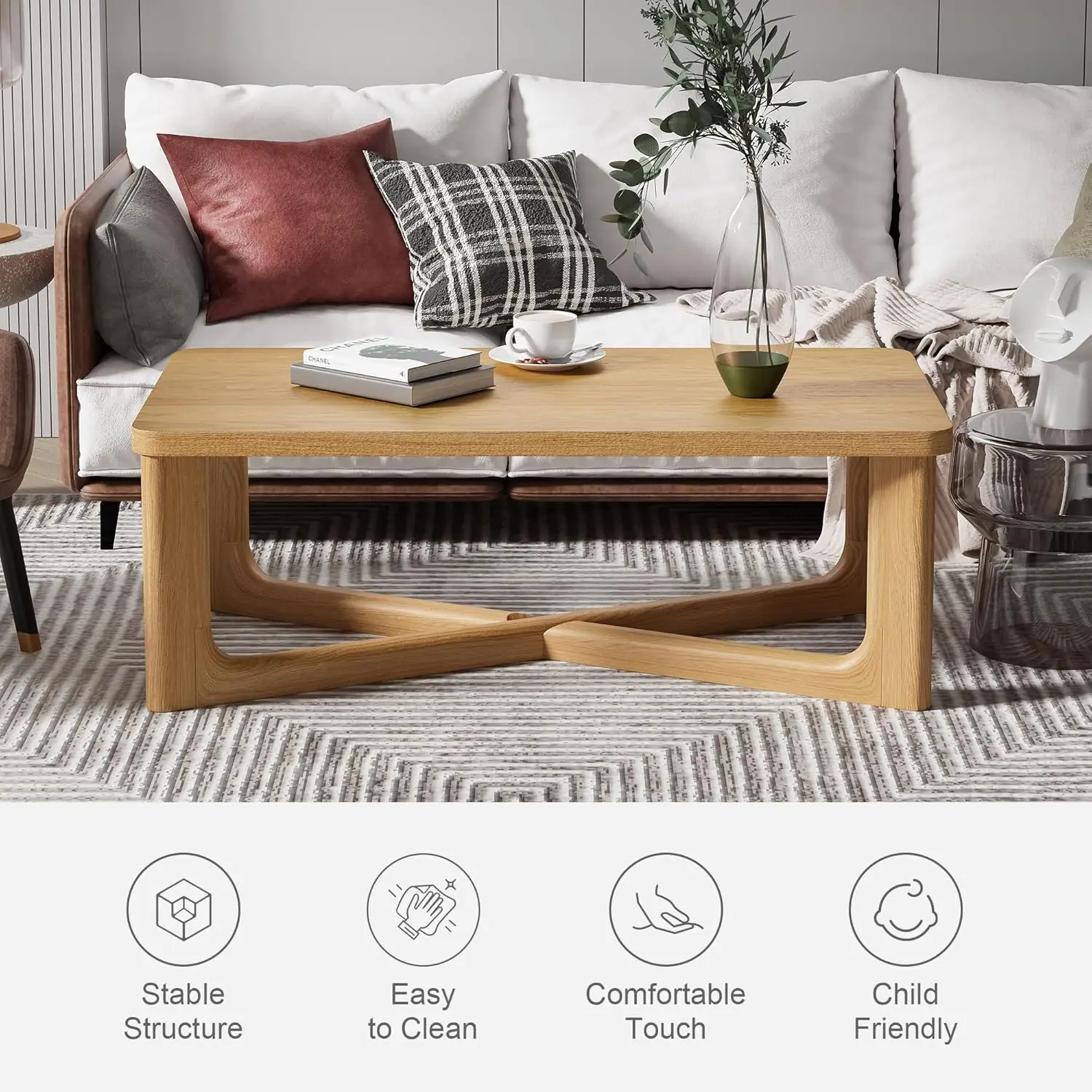 Mesa de centro de granja moderna de madera natural de 50 ", mesa rectangular de madera maciza con patas cruzadas resistentes, fácil montaje para sala de estar
