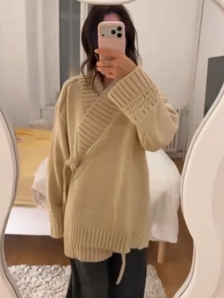 

HH Women Fashion Sweaters Long Sleeves Lace-up Decorate Kimono Style Cardigans Female Spring Solid High Collar Knitted Coat