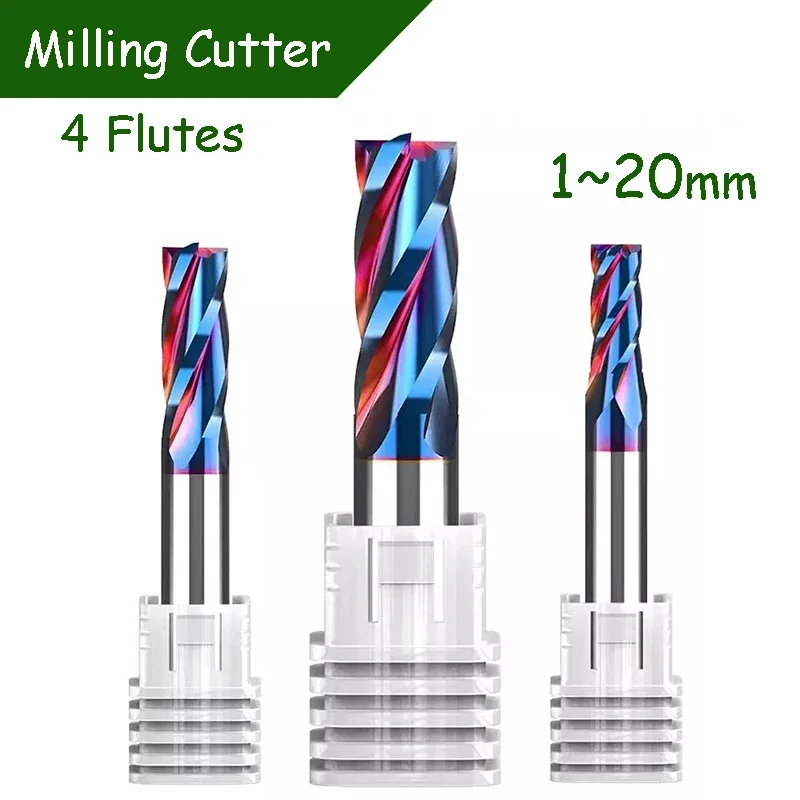 

1~20mm Milling Cutter Metal Aluminum CNC Machining Tools 4 Flutes Carbide Stainless End Mill HRC65 Nano Coating Endmills