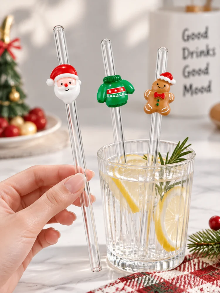 3PCS Christmas Sweater Santa Gingerbread Man Glass Straws Bend Reusable Clear Drinking Straws Coffee Juice Party Gift Xmas