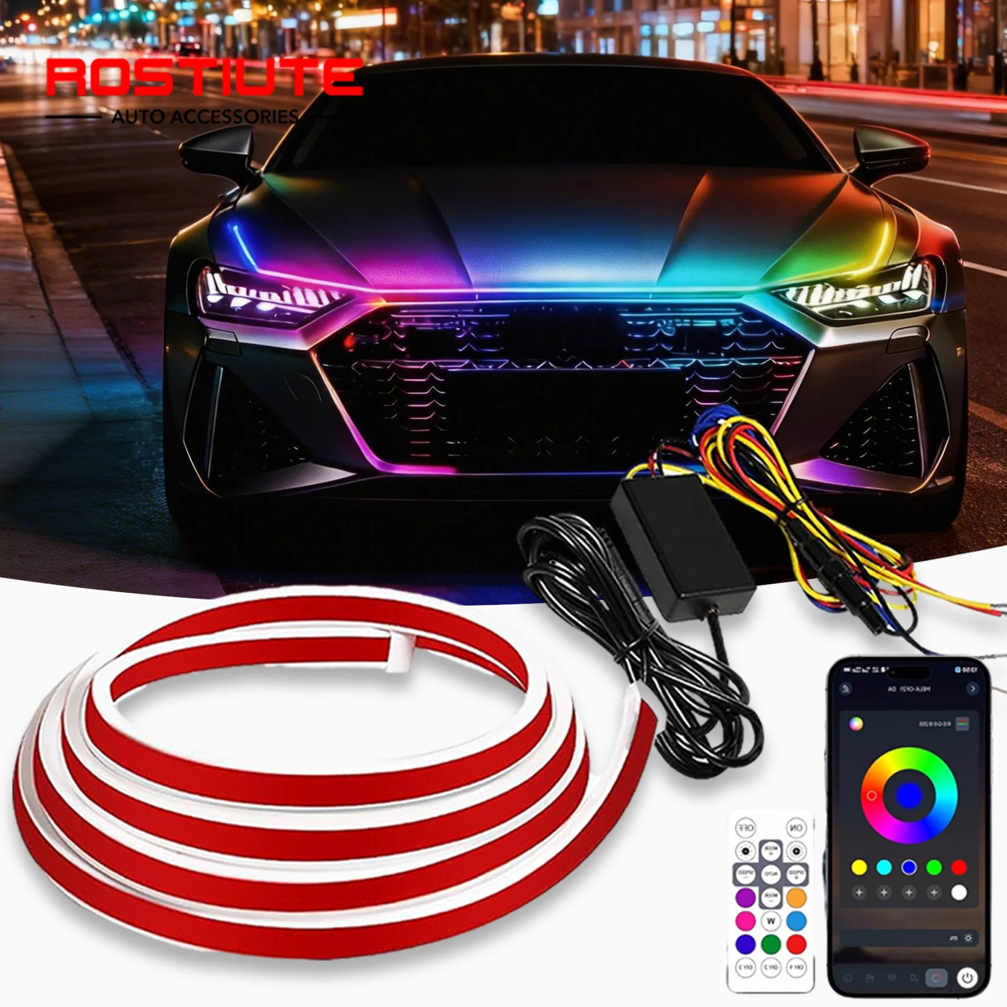 

Светодиодная RGB-лента для капота автомобиля, динамическая лента DRL с эффектом сканирования, внешняя подсветка капота, дневные ходовые огни DRL для автомобилей и внедорожников, 12В, управление через приложение