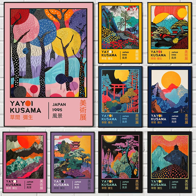 Yayoi Kusama Stil Japanische Landschaft Leinwandposter Abstrakte Kunst Leinwanddruck Moderne Ausstellung Wandkunst für Wohnzimmerdekoration