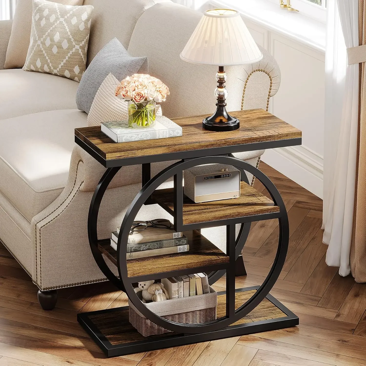 End Table for Living Room, 4-Tier Narrow Side Table with Storage Shelves, Industrial Bedside Table for Bedroom, Wood Small - view 3