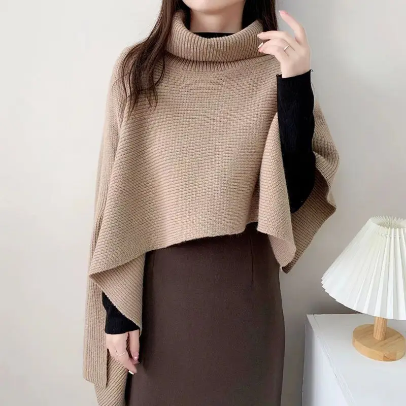 Turtleneck Pullover Sweater Shawls Women Sleeveless Jacket Autumn Winter Tops Knitted Scarf Irregular Coats Korean Chic Scarves