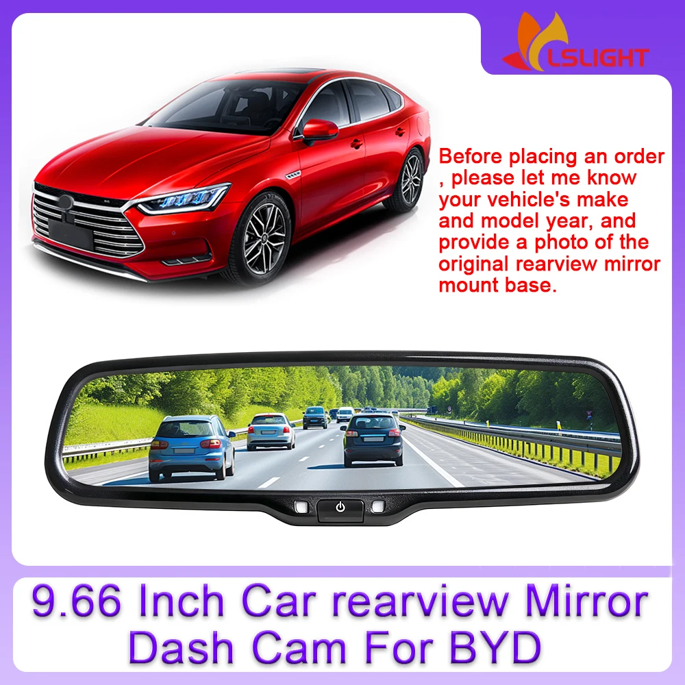 9.66 Inch Car Rearview Mirror Dashcam For BYD Qin Song Tang Han Yuan HD 1080P Monitor Full Screen Display With Original Bracket