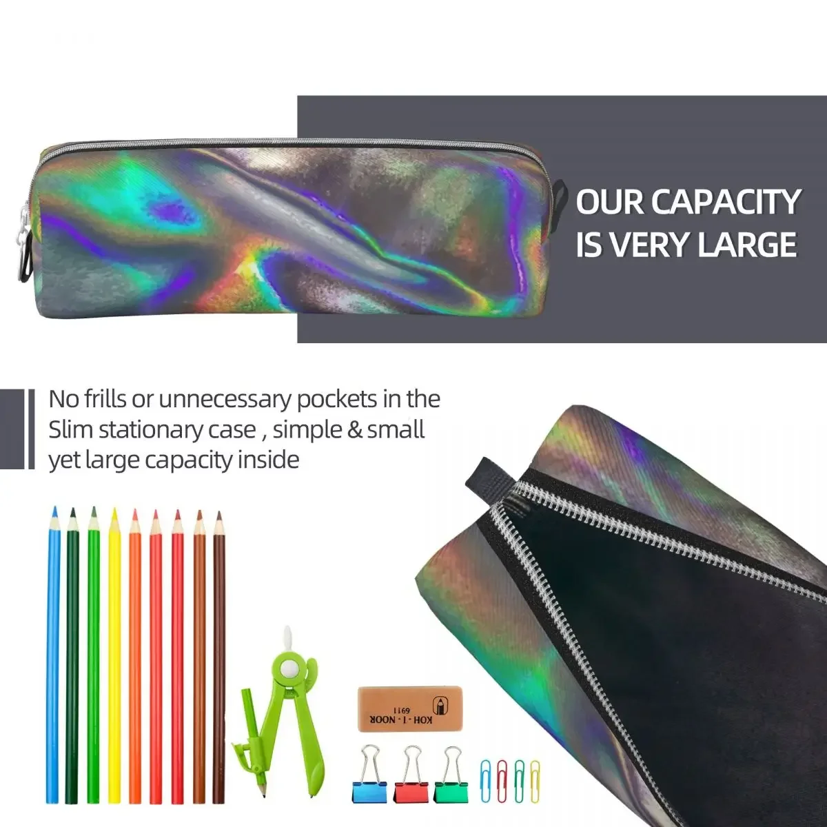 Holographic Print Vaporwave Foil Metallic Pencil Cases Classic Pen Bags Student Large Storage Office Zipper  Pouch