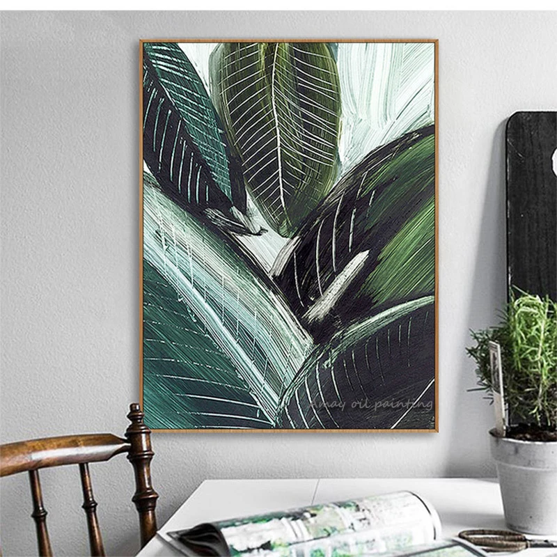 Textured Tropical Leaf Canvas Art, Original Handmade Deep Emerald Plant Impasto Oil Painting Minimalist Botanical Wall Decor