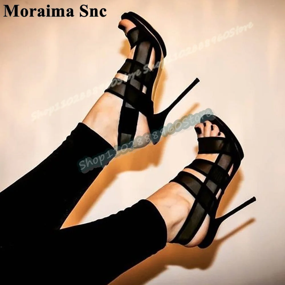 مثير أسود الهواء شبكة حزام Slingback الصنادل الخناجر أحذية عالية الكعب للنساء حزام الظهر المفتوحة تو موضة Zapatos Para Mujer #1