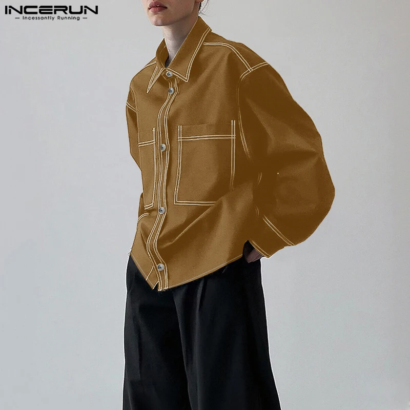 

INCERUN Мужская рубашка в стиле пэчворк с лацканами и длинными рукавами на пуговицах, свободная мужская одежда, уличная одежда, 2025 карманов, модные повседневные топы, мужские рубашки
