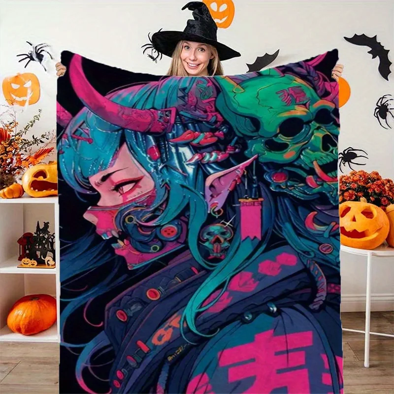 

1pc Glam Anime Punk Cyber Print Flannel Blanket - Soft Cozy Warm All-Season Throw for Home, Office, Car, and Camping