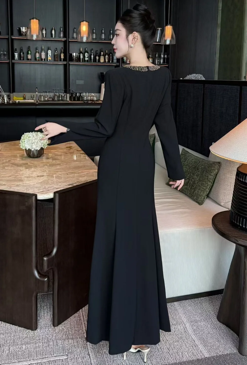 Vestido de noche largo 3XL 2XL 2025 Otoño Invierno mujer hecho a mano con cuentas plisado Patchwork manga larga rojo negro vestido Festival