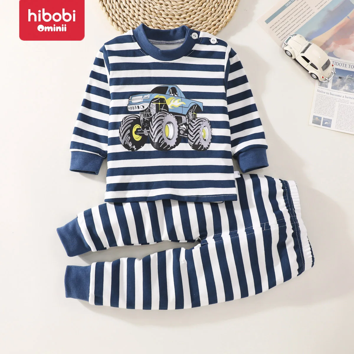 Hibobi-Conjunto de 2 piezas de algodón 100% para niño, ropa cálida de cuello redondo para el hogar, pijamas con patrón de coche y pantalones de pijama para 1 a 4 años, Invierno