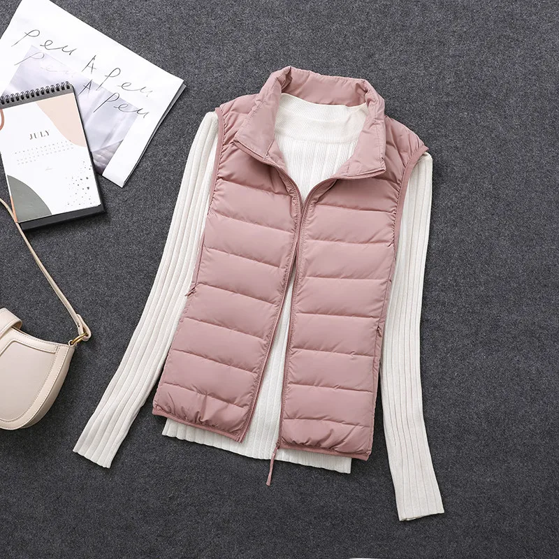 Women Ultra Light White Duck Down Vest Jacket Autumn Winter Warm Sleeveless Waistcoat Parka Ladies Stand Collar Short Down Coat