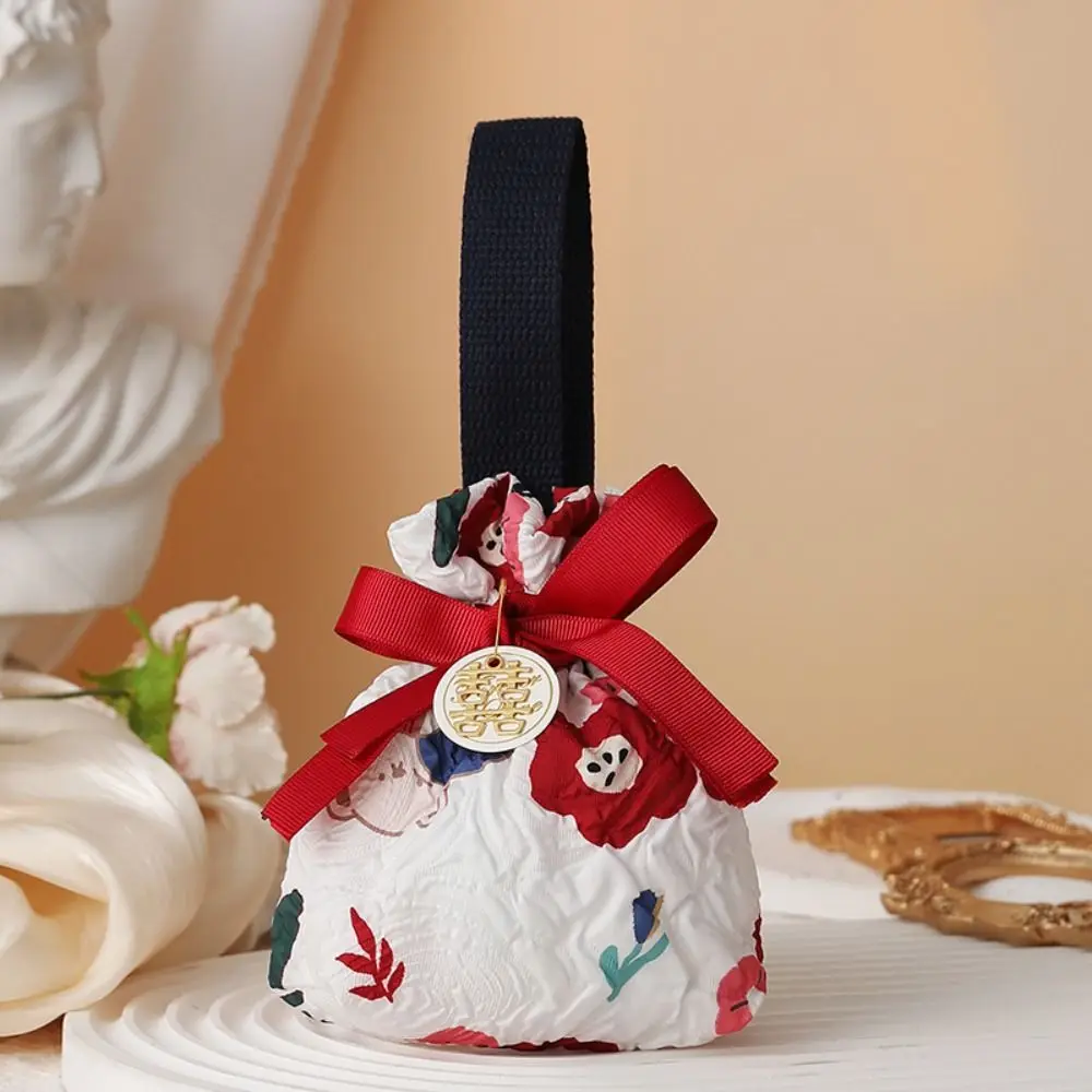 

Bowknot Red Handbag New Year Drawstring Bag Korean Style Storage Bag Canvas Knot Wrist Bag Bucket Bag Large Capacity