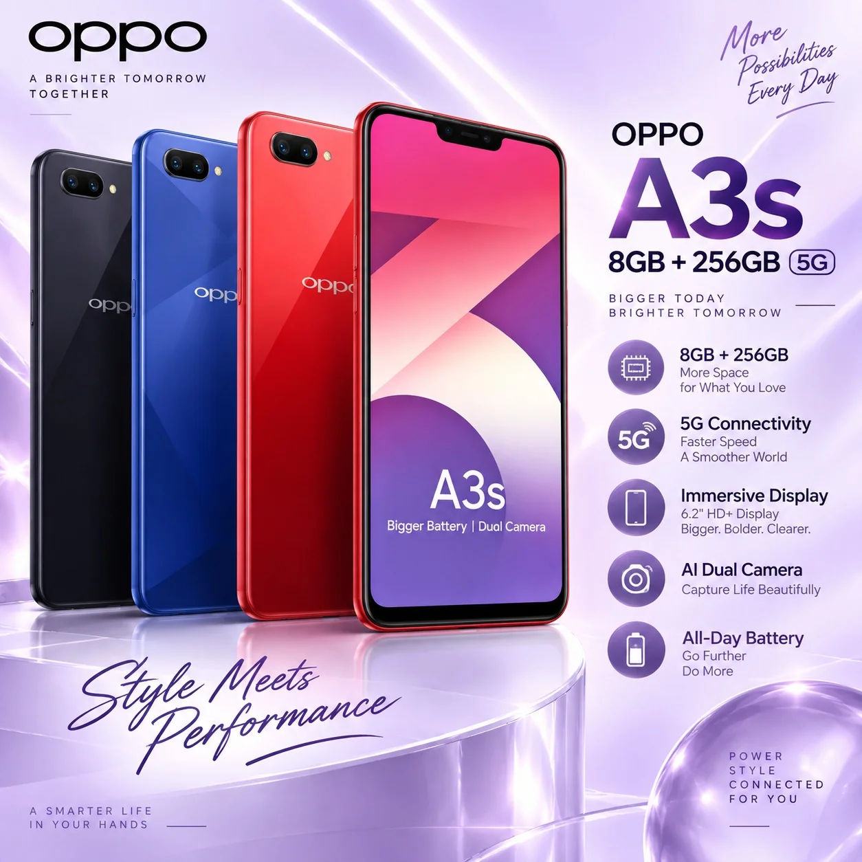 OPPO A3s: 6.2-inch display, Snapdragon 450, dual rear camera, 8MP selfie camera and 4230mAh battery for reliable all-day use.