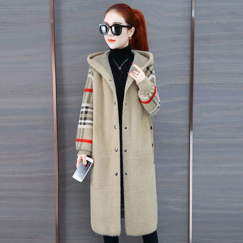 Socialite Women Imitation Mink Fleece Hooded Jacket 2022 New Winter Female Leisure Long Korean Style Loose Pocket Stitching Coat