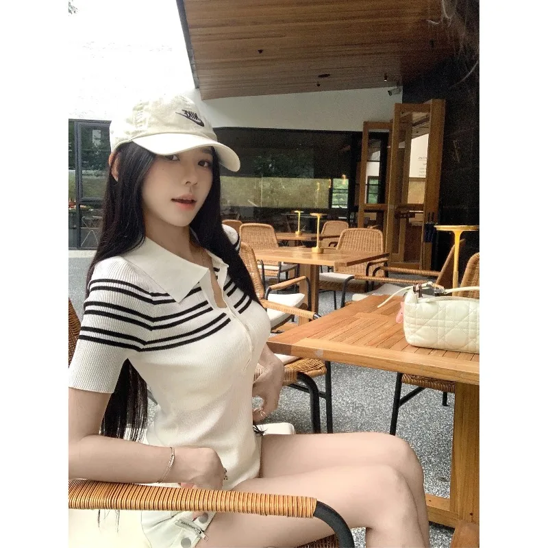 

FANAN 2026 Summer new striped collar knitted short sleeve casual zipper stitching slim Joker women's fashion top
