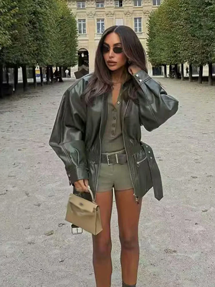 HH سترات نسائية ربيعية عصرية بياقة مقلوبة وأكمام طويلة وجيوب وحزام مزخرف وسحاب معاطف نسائية عالية الشارع #6