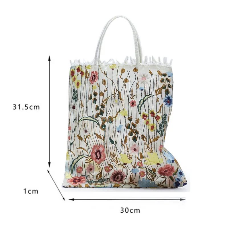 Women's Mesh Hand Embroidered Flower Shoulder Bag Portable Carrying Lace Tote Bag Artsy Antique Bag for Daily Use