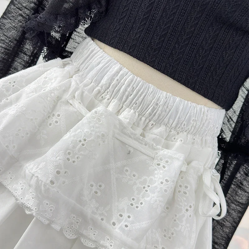 Irregular Design White Cake Skirts Women 2025 Spring Sweet Embroidery Hollowed Out Lace Up Fluffy Short Skirt Casual