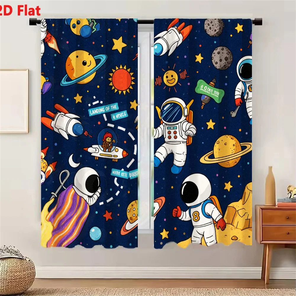 2Pcs Curtains 2D Flat Cartoon Space Exploration Illustration: Astronauts Rockets Planets Sun Moon Stars 