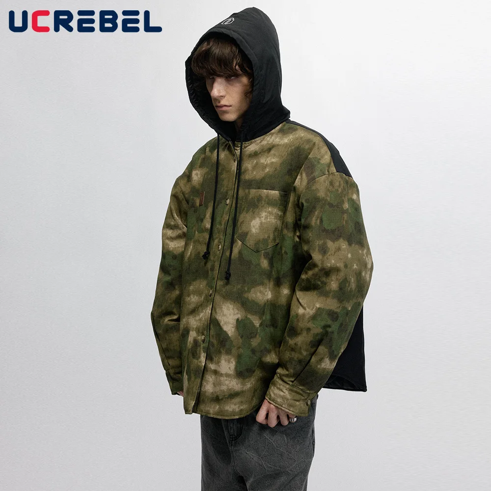 Camouflage Spliced Hooded Quilted Jacket Mens Retro High Street Autumn Winter Long Sleeve Loose Single Breasted Thick Outerwear