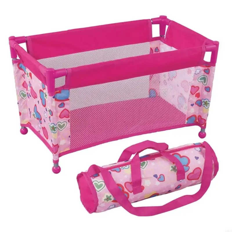 Children Pretend Play Baby Crib Bed for Kids with Iron Frame Heart Print Role Play Accessories A2UB