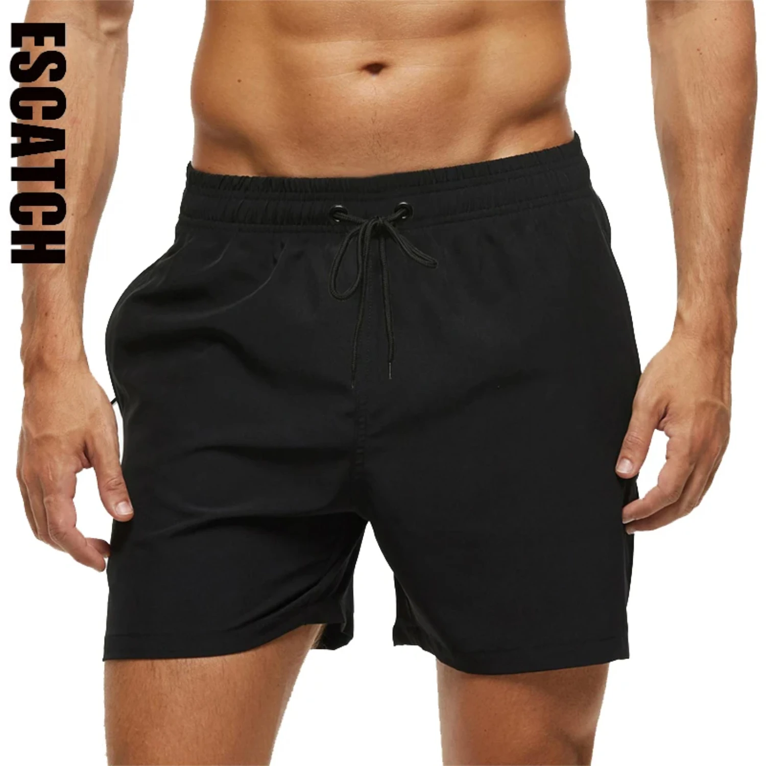 2024  Summer Men Beach Board Shorts Classic Style Polyester with Spandex Plain Color Elastic Waist Gym Fitness Swimwear