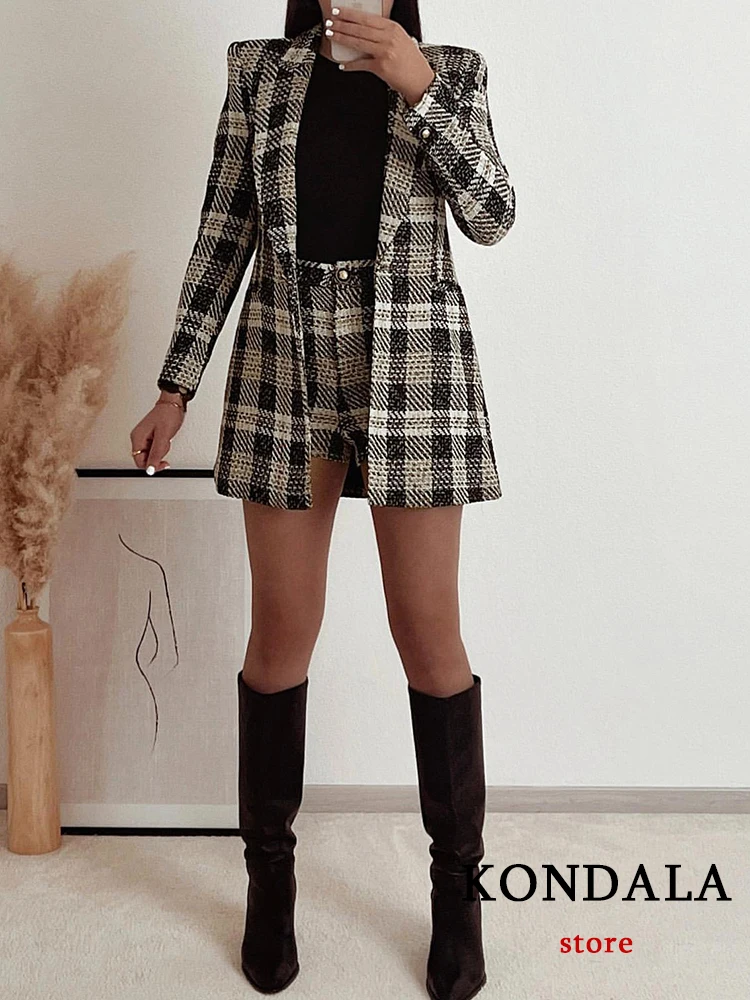 KONDALA Office Lady Plaid Twist Blazer Women V Neck Pocket Oversized Long Jackets Fashion 2024 Vintage Female Blazer Stylish Top