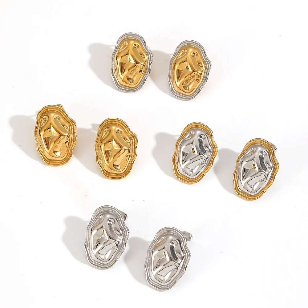 빈티지 타원형 불규칙 해머드 스터드 귀걸이 스테인리스 스틸 18K 금도금 패션 쥬얼리 여성용 귀 액세서리