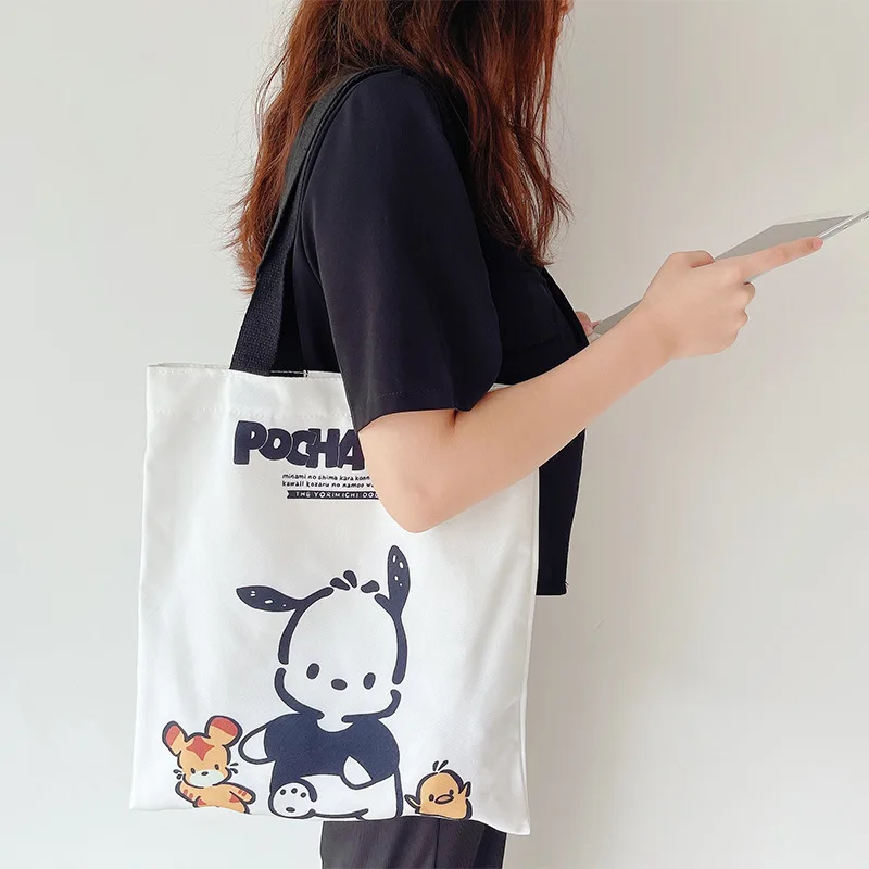 Bolso de hombro de Anime Sanrio Pochacco, bolsa de lona Kawaii de alta capacidad, bonito patrón, belleza, estudiante, almacenamiento, viaje,