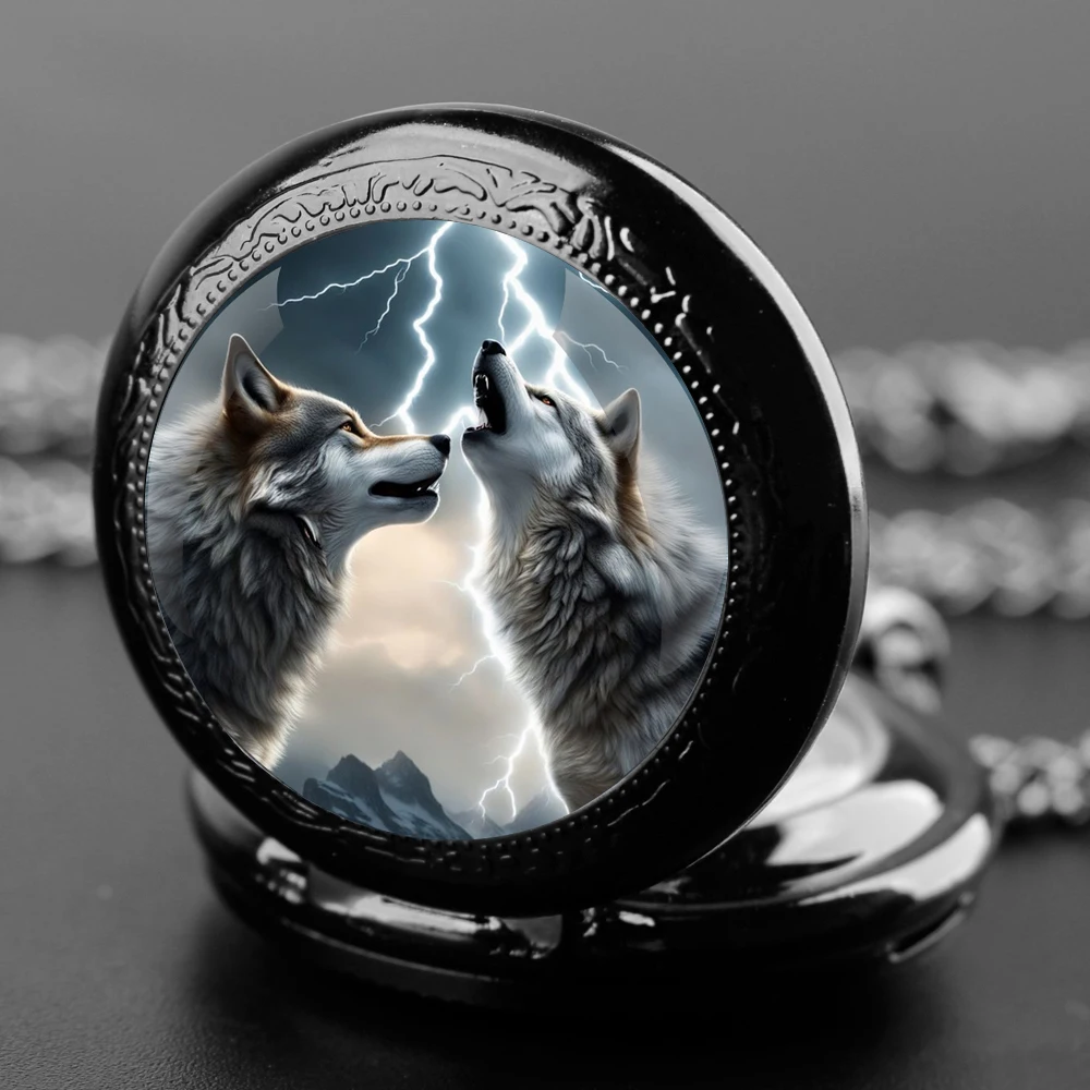 Blitz Wolf Design Glaskuppel Quarz Taschenuhr mit haltbarer Kette arabische Ziffer Zifferblatt für Männer und Frauen kreative Geschenke