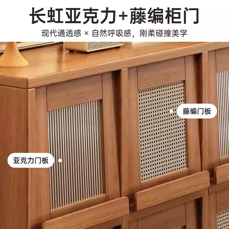 Solid wood dining side cabinet Floor-to-ceiling locker Living room Walnut color lattice cabinet