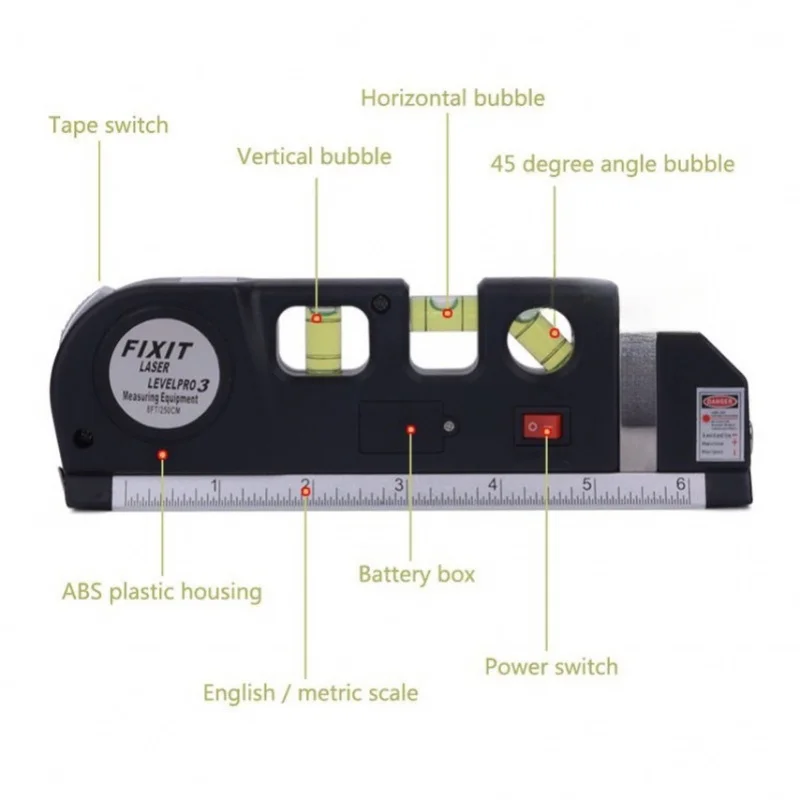 Laser Level Measuring Tool Standard Crosshair + 8-Foot Multi-Functional Tape Measure + Straight Ruler + Bubble Level With Metal